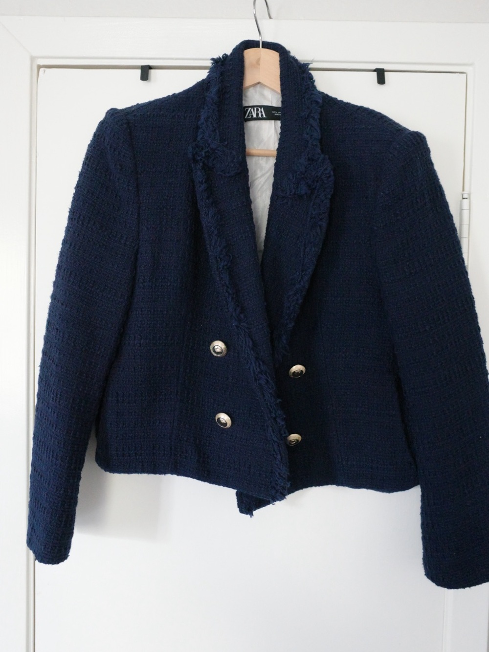 ZARA Navy Tweed Double-Breasted Cropped Jacket